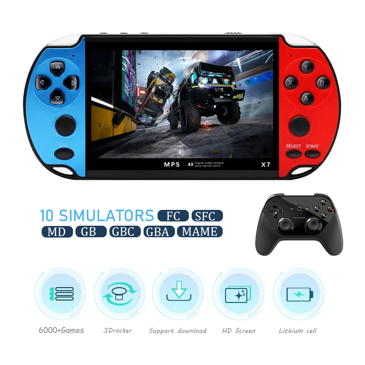 X7 4.3inch Handheld Game Console IPS Screen Video Game Player HD Game Console Built-in 10000 Games For GBA GBC NES GBC retro game console stick Cable Card Arcade Button Joystick Blue Red Port Headset handheld game device