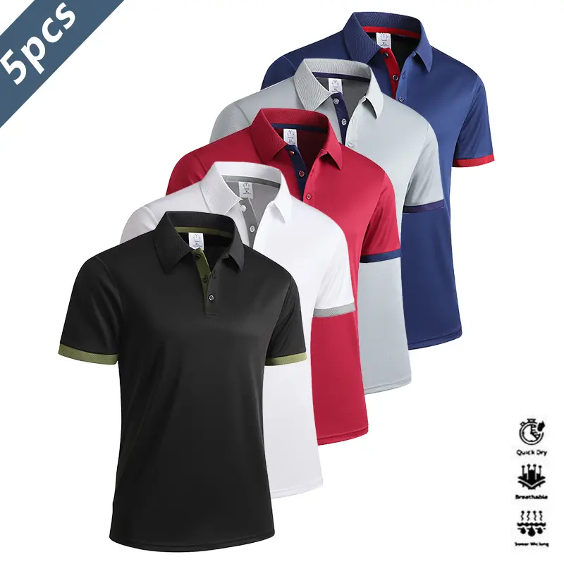 Men's 5 Pack Polo Shirts with Color Block Collars (Available in Various Colors) – Made with Breathable Quick Dry Fabric, Business Casual Short Sleeve Design, Featuring a Color Block Collar and Cuffs, Solid Color Slim Fit Suitable for Office Work and Every
