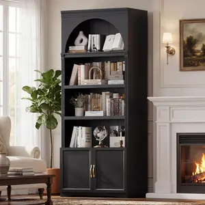 81.2" Tall Arched Cabinet, Bookcase with storage, Modern 6-Tier Bookshelf with Door, 2 Book Risers and Adjustable Shelves for Living Room,Kitchen,Home Office, Space Saving (Black)