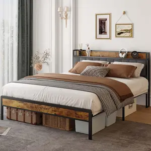 GIZOON Full Metal Bed Frame with Storage Headboard, Vintage Style Bedroom Furniture & Decor, Sturdy All-Metal Support, Noise-Free, No Box Spring Needed, Easy Assembly, Bedroom Decor