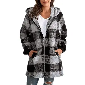 Christmas gifts2025 Women's Plush Jacket Autumn New Long Sleeve Plaid Hooded Zipper Pocket Loose Jacket FYXH best gifts
