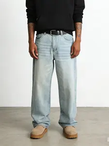 Men's Light Blue Casual Loose Fit Wide Leg Jeans, Pure Color Washed Blue Long Pants, Y2K Fashion Vintage Denim, Perfect Gift