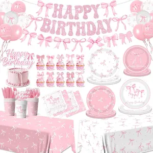 Birthday Party Supplies Serve 24 Coquette Birthday Decorations Include Bow Plates Napkins Cups Banner Tablecloth Cake Topper Balloons Bow Theme Tableware for Girls Bachelorette Decor