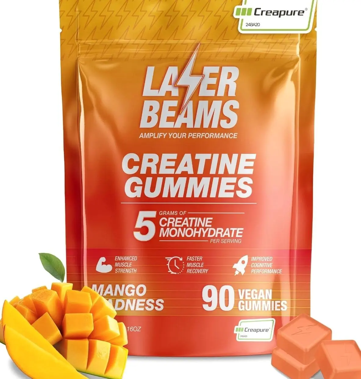 Creatine Monohydrate Gummies for Women & Men - 5g Creapure Creatine per Serving - Vegan, Mango Flavor - Boost Muscle Strength, Endurance, Recovery & Mental Focus (90 Gummies)