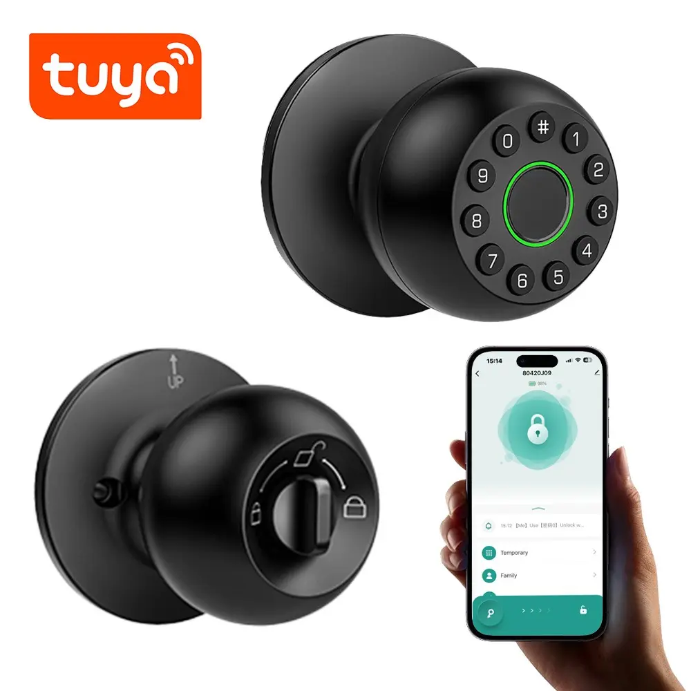 Tuya Smart Spherical Door Knob Lock, Biometric Fingerprint & Digital Keypad Keyless Entry Lock, Bluetooth BLE App Control with Auto-Lock for Interior Wooden Doors, Apartment & Office