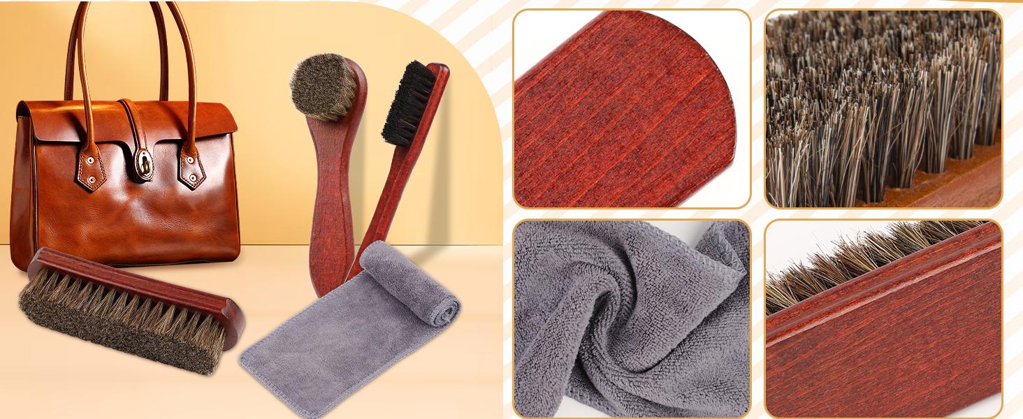 4 Pcs Horsehair Shine Shoes Brush Kit Polish Dauber Applicators Cleaning Leather Shoes Boots Care Brushes Suede Cleaner with Microfiber Shoe Cloth