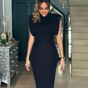 Women's Sleeveless Knitted Dress With Padded Shoulder Slim Fit Long Dress