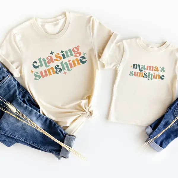 Mommy and Me Matching Set, Chasing Sunshine Retro Matching Mommy & Me Set, Mama and Baby Matching Shirts, New Mom Shirt women s short sleeve Flash Sale T-Shirt Trio Crop Tee Short Sleeve Crew Neck