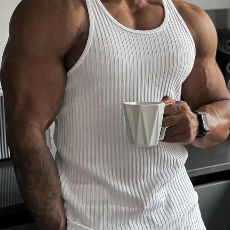 Men's Vertical Stripe Ribbed Knit Round Neck Vest, Muscle Tank Top, Sleeveless Tee, Tight Fit Casual for Summer Fitness, Ideal as an Inner Layer or Worn Alone, Striped, Knitted Vest