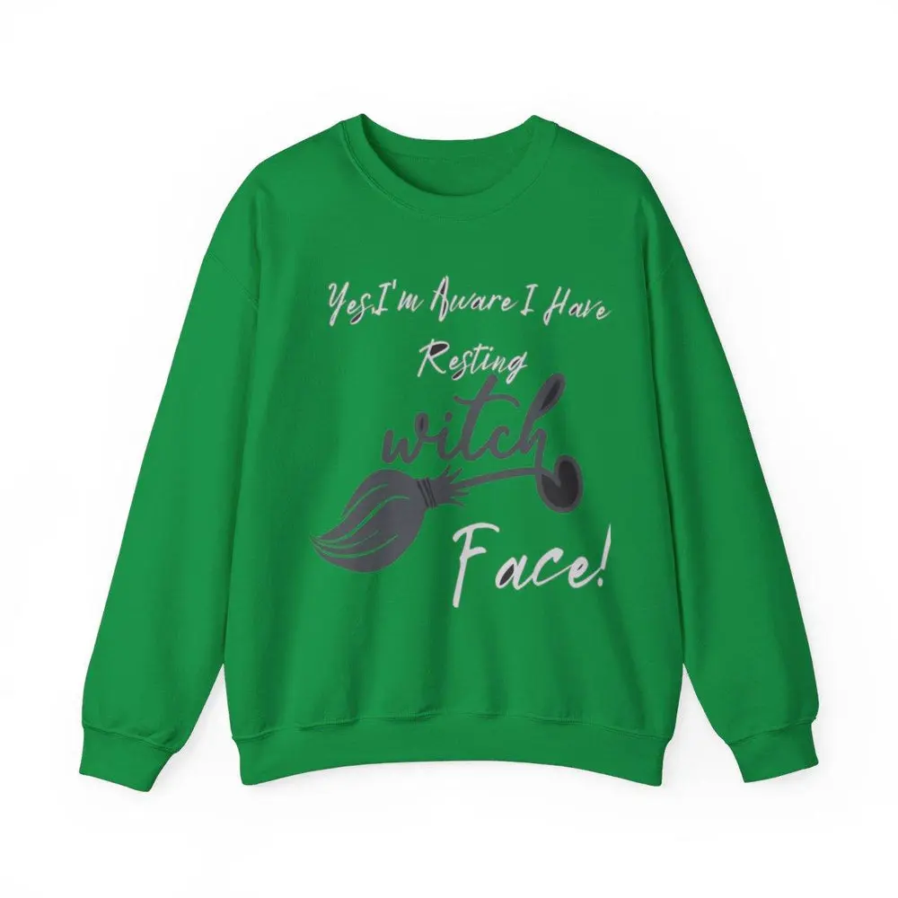 Gildan Resting Witch Face Graphic Unisex Heavy Blend Crewneck Sweatshirt 50% Cotton 50% Polyester Classic Fit with Ribbed Collar Fabric Men's Casual Long Sleeve Menswear Pullover Sport Halloween Hoodie Tops Soft Dark Heather