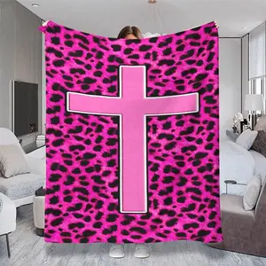 Pink Leopard Print Throw Blanket, Bright Pink Cross Design, Multiple Specifications Available, Colorful, Soft Fabric, Ideal for Napping/Office/Lounge, Stylish Home Decor