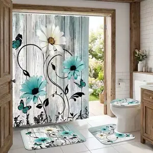 4Pcs Shower Curtain Set Daisy Flower, Blue Butterfly, Rustic Wood, Bathroom Sets with Rugs, Spring Christmas, Bathroom Decor, Elegant Daisy Flowers With Blue Butterflies On Rustic Wood Background For Vintage Chic Bathroom Ambiance