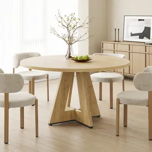 47-Inch Round Dining Table for 4-6, Modern Wood Kitchen Table with Sturdy Metal Base, Easy 15-Min Assembly, Versatile for Dining/Kitchen, Natural Wood mesa para comedor