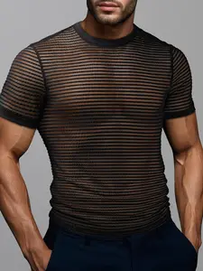 New Men's Slim Fit Textured Round Neck Semi-Transparent Mesh T-Shirt, Elastic Soft Breathable Sports Outdoor Fashion Tee, Soft Stretch Mesh, Breathable Top
