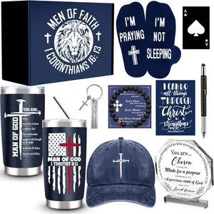 10 count Christian Gifts for Men Faith, Inspirational Religious Gifts, Catholic  with 20 Oz Tumbler  Verses  Plaque Hat Socks Bracelet  for Husband, Dad, Grandpa,