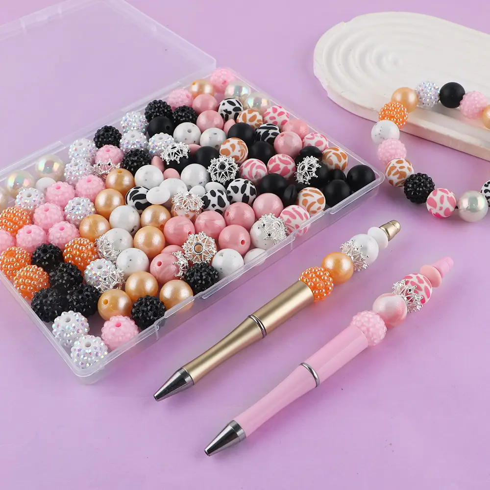 125pcs/Box Pink & Golden Silicone Acrylic Bead Kit - Beginner-Friendly Crafting Supplies for Keychain, Bracelet Making & Handmade DIY Jewelry Accessories