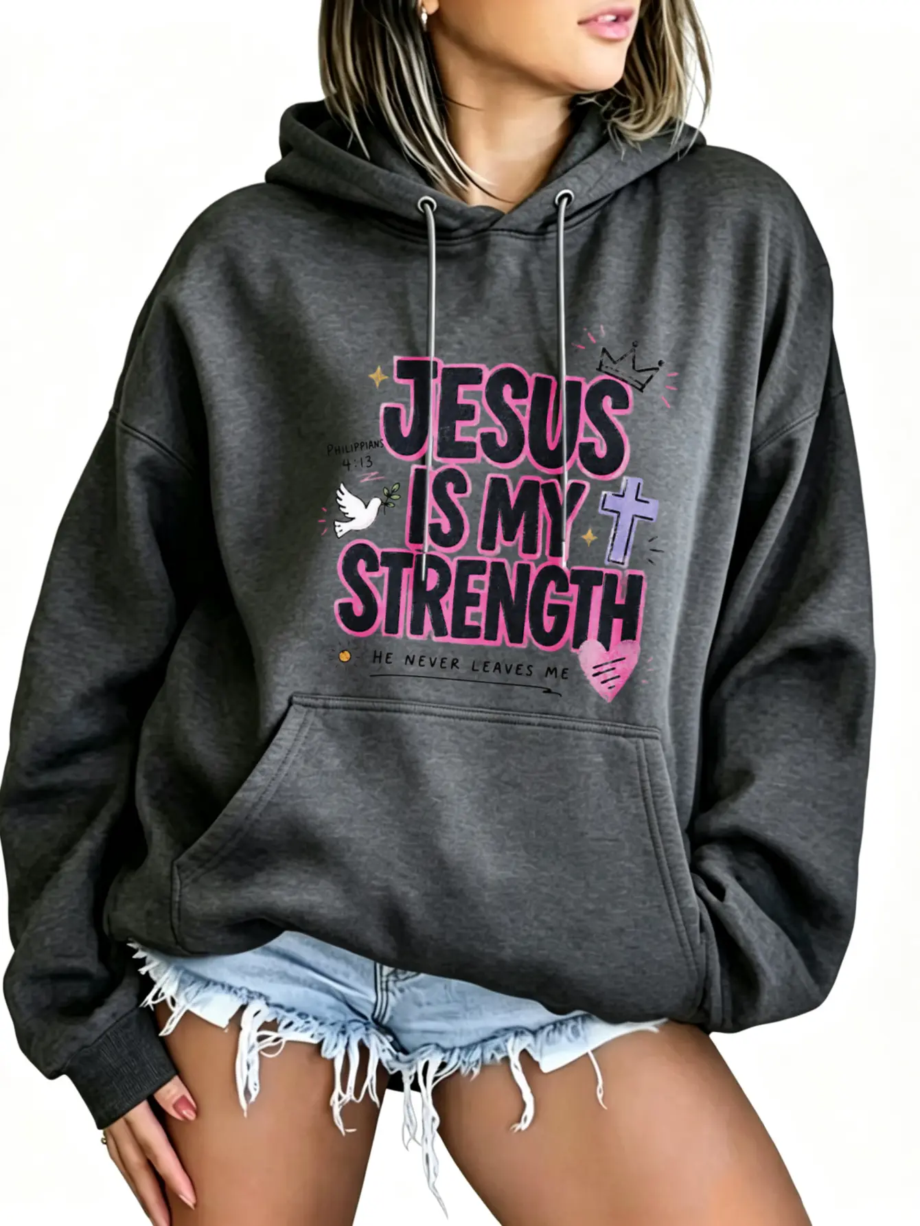 Jesus Is My Strength Graphic Hoodie Women Front Back Printed Christian Sweatshirt Philippians 4 13 Y2K Pink Hearts Cross Sticker Aesthetic Faith Apparel Soft Loose Fit Hooded Tops Light Grey Streetwear Fall Gift Womenswear Black