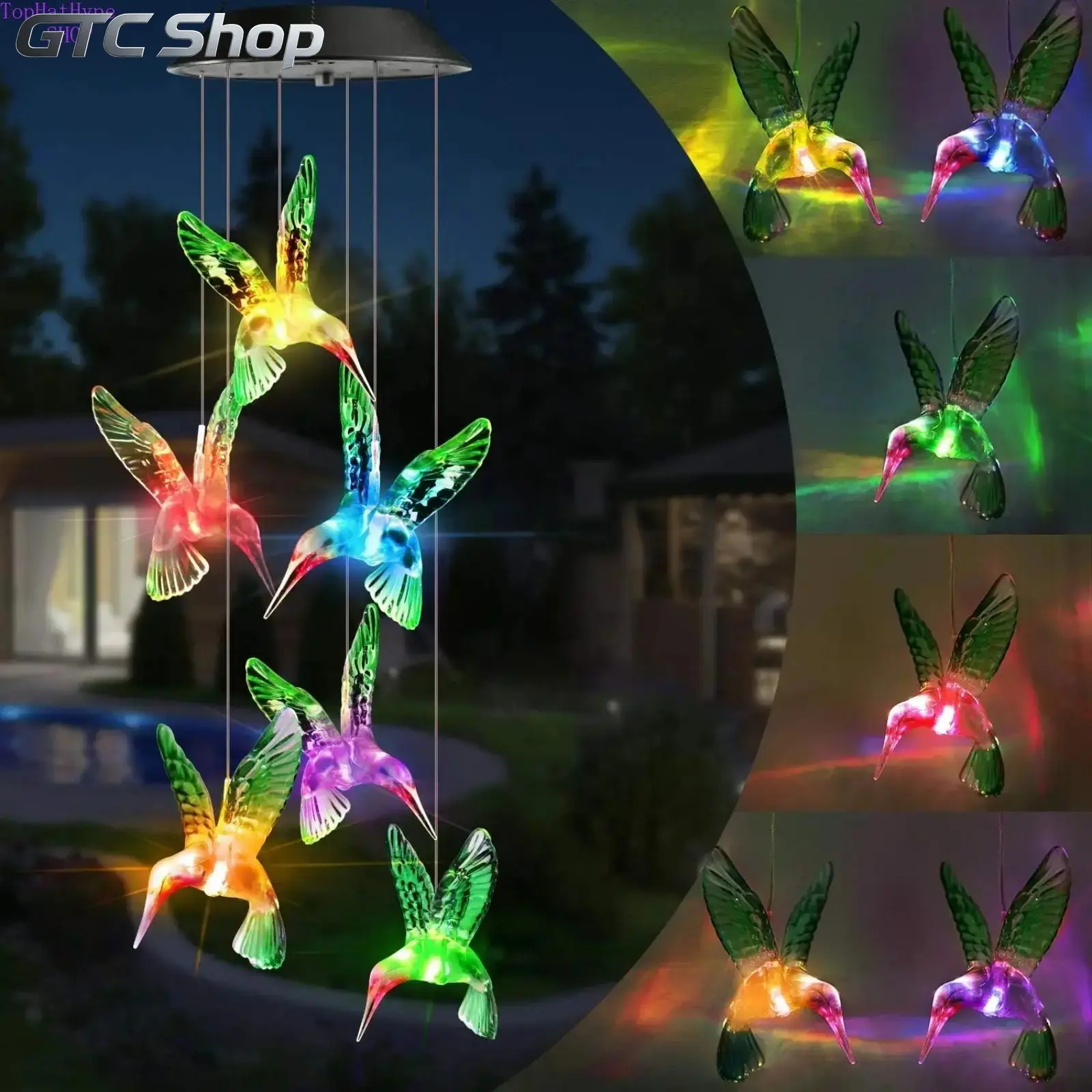 Solar Powered Butterfly Hummingbird Bird Wind Chime Color Changing LED Night Light Waterproof Rustproof Hanging Lamp Artistic Landscape Decor For Patio Yard Lawn Pathway Courtyard Backyard Vivid Outdoor Garden Home Ambient Decorative Lighting Ornament