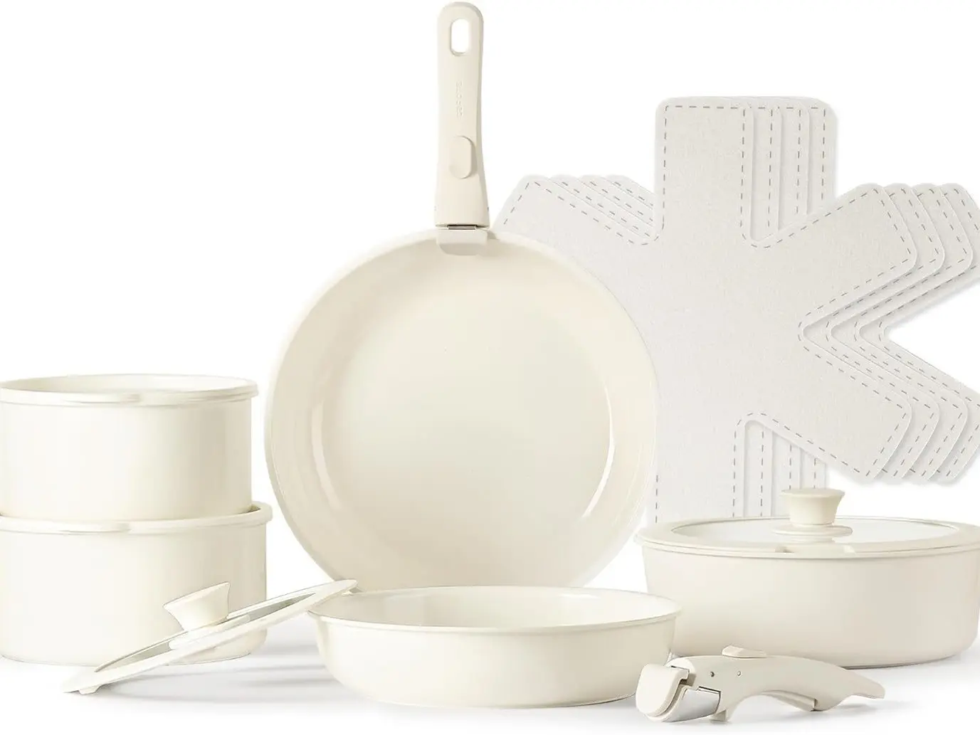 15pcs Pots and Pans Set, Ceramic Cookware Set Detachable Handle, Induction Nonstick Kitchen Cookware Sets with Removable Handle, Non Stick RV Cookware Set, Oven Safe Cookware Set, Cream White cooke ware