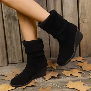 Women's New Round-Toe Wedge Mid-Calf Boots, Comfortable Women's Boots, Fashionable Women's Boots, Women Shoes