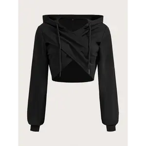 Drawstring Cross Front Hoodie, Casual Long Sleeve Solid Color Crop Hooded Top For Spring & Fall, Women's Clothing Collar Fabric Womenswear Sweatshirts