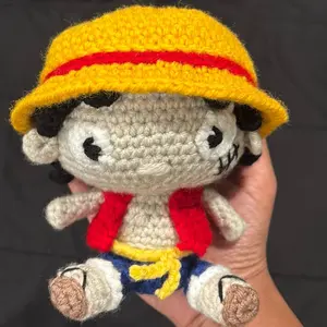 Handmade Crochet  Amigurumi Doll with Yellow Hat and Red Vest