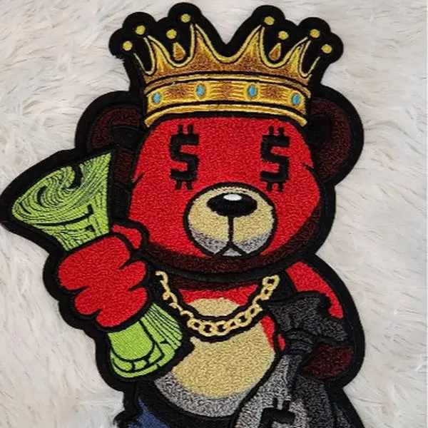 Patch Party Club, Chenille, "RED Money Bear King," w/Dollar Sign Eyes, Large Patch for Jackets or Hoodies, Size 12", Patches for Men, Fuzzy Bear Patch