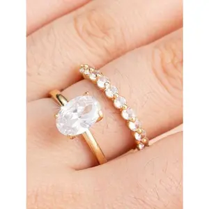 2pcs/set Luxury Elegant Inlaid Oval Synthetic Zirconia Design Women's Engagement Ring - Suitable for Women's Bridal Wedding Party, Romantic Wedding Anniversary Gift, Engagement Jewelry, Birthday Gift - Without Box