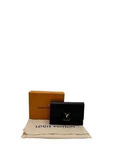 Pre-owned Louis Vuitton GRAINED LEATHER Small Leather Goods TAURILLON CAPUCINES COMPACT WALLET BLACK
