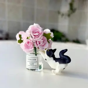 Super Cute Miniature Flower Glass Vase with Cat for Desk Car Decor - Pink Roses & Good Luck Design