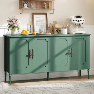59" Sideboard, Wood Console Table Vintage Coffee Bar Cabinet with 4 Doors, Cabinet with Storage and Adjustable Shelves, Modern Buffet Cabinet for Dining Room, Hallway, Living Room, Green/Black