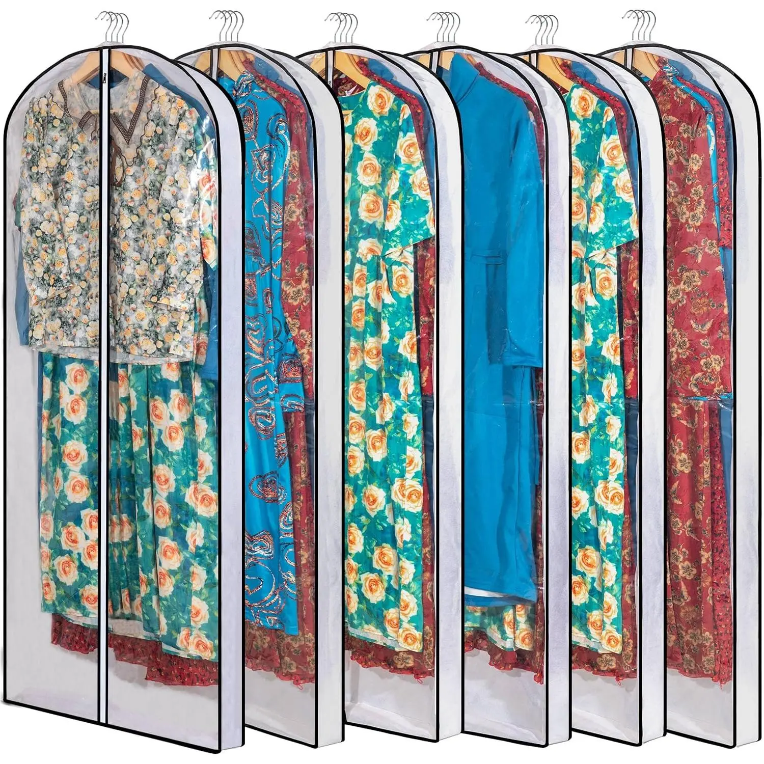 Clear Garment Storage with 4" Gusseted Hanging Covers - Durable, Transparent Protectors for Long Coats, Gowns, Dresses - 24"x 60"x 4" / 6 Pack