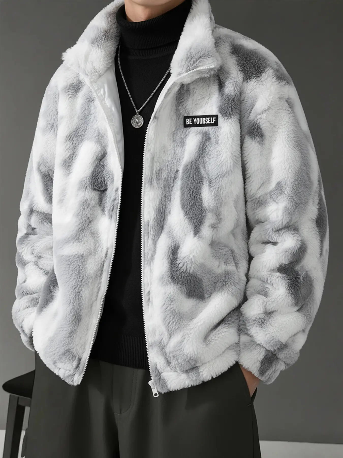 Unisex Streetwear "Beyourself" logo pattern snow leopard print white camouflage fleece jacket, Fall Winter Outerwear, Y2K Fashion, Couple, Men's Gift, Trendy Clothing, Black Friday holiday gifts
