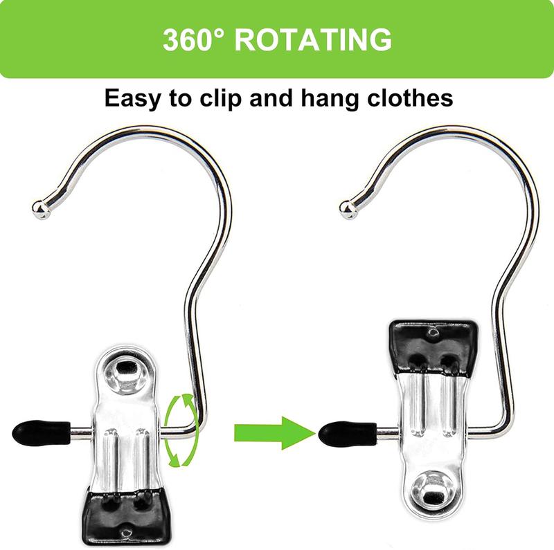 Stainless Steel 20pcs Laundry Hook Clips - Space Saving Rust-Proof Clothespins, Hat, Pants, Travel Hooks, 360° Rotating Hangers Organizer Space-Saving