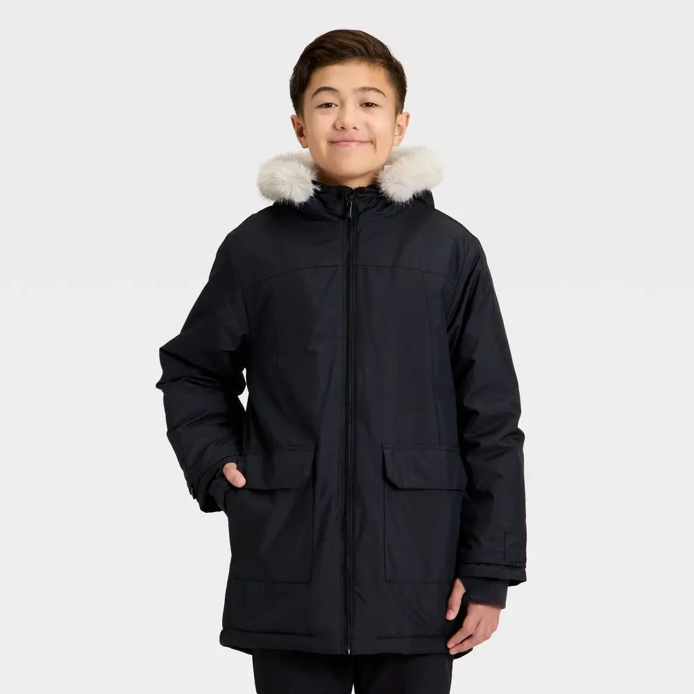 All In Motion Kids' Hooded Parka Jacket - Water-Resistant with Faux Fur Trim