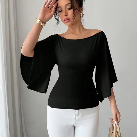 Elegant Off-Shoulder Flare Sleeve Women's Shirt, Bell Sleeve, Basic Casual Simple Commuter Style, Fashionable Versatile Blouse for Everyday Wear Tops