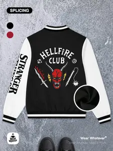Stranger Things Hellfire Club Graphic Print Baseball Jacket, Casual Fitted Warm Breathable Long Sleeve Top, Suitable for Outdoor and Home Wear