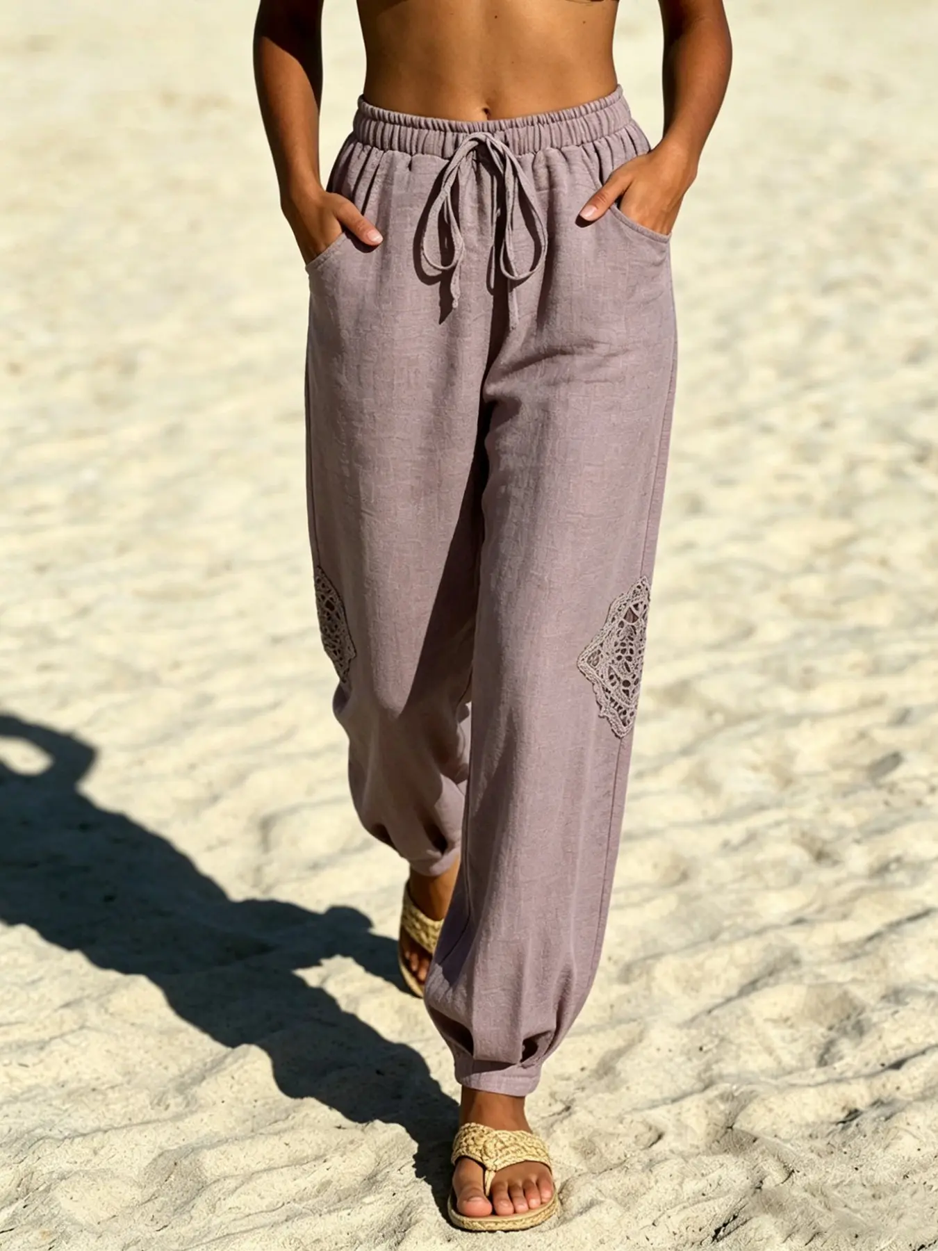 New Bohemian Style Women's Casual Loose Fit Pants, Elastic Waist Adjustable Drawstring Lace Hooked Floral Leg Long Pants, Perfect for Vacation Wear Bottom