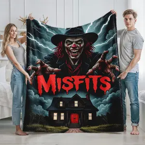 Misfits Horror Themed Fleece Blanket with Scary Dark House and Creepy Character Print Perfect for Halloween Decoration Cozy Home Use or Horror Movie Night Enthusiasts Ideal Gift for Horror Fans and Spooky Holiday Cele