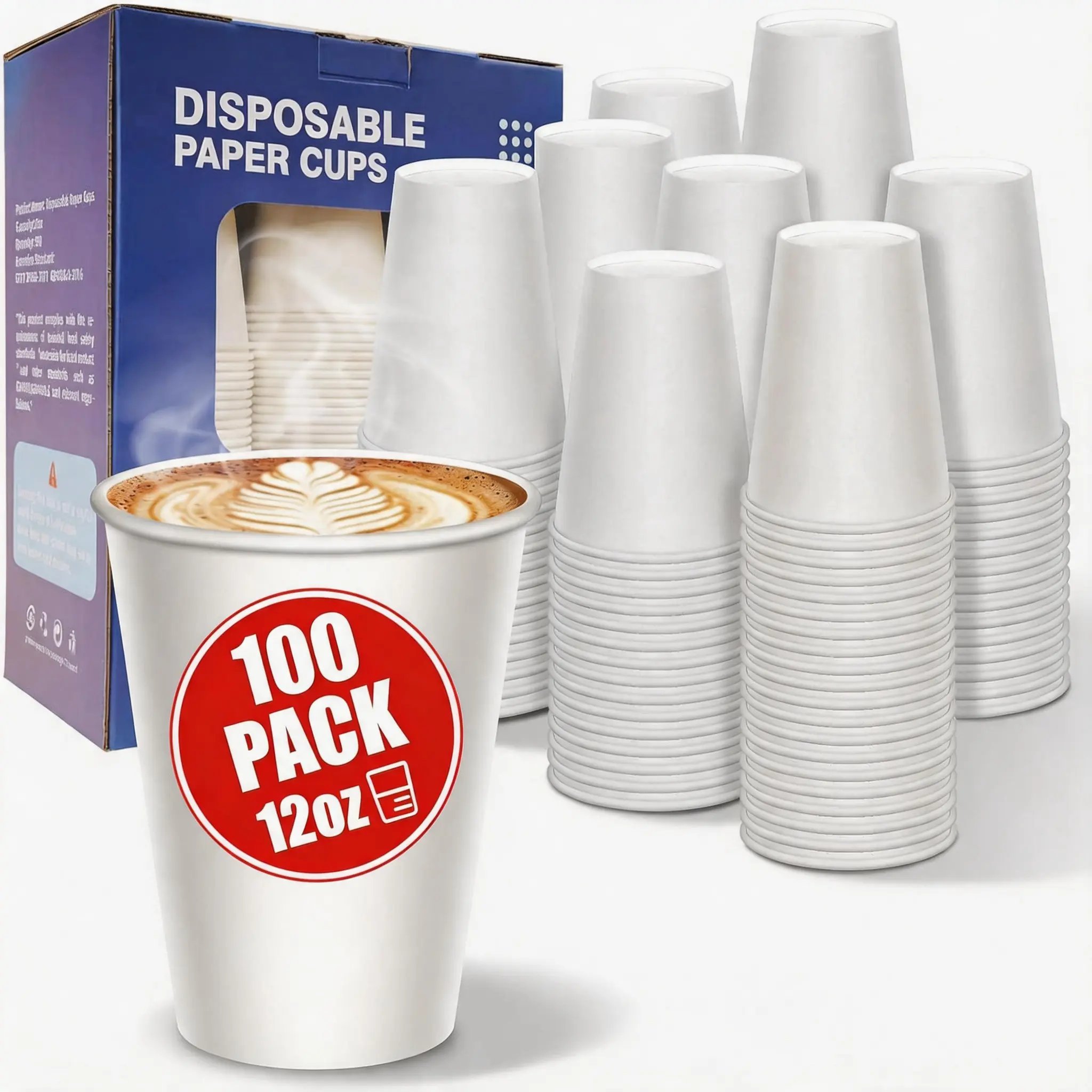 12 oz Disposable Paper Coffee Cups, 100 Count – Leak-Resistant White Cups for Hot & Cold Drinks, Ideal for Office, Party, Travel, To Go & Daily Use
