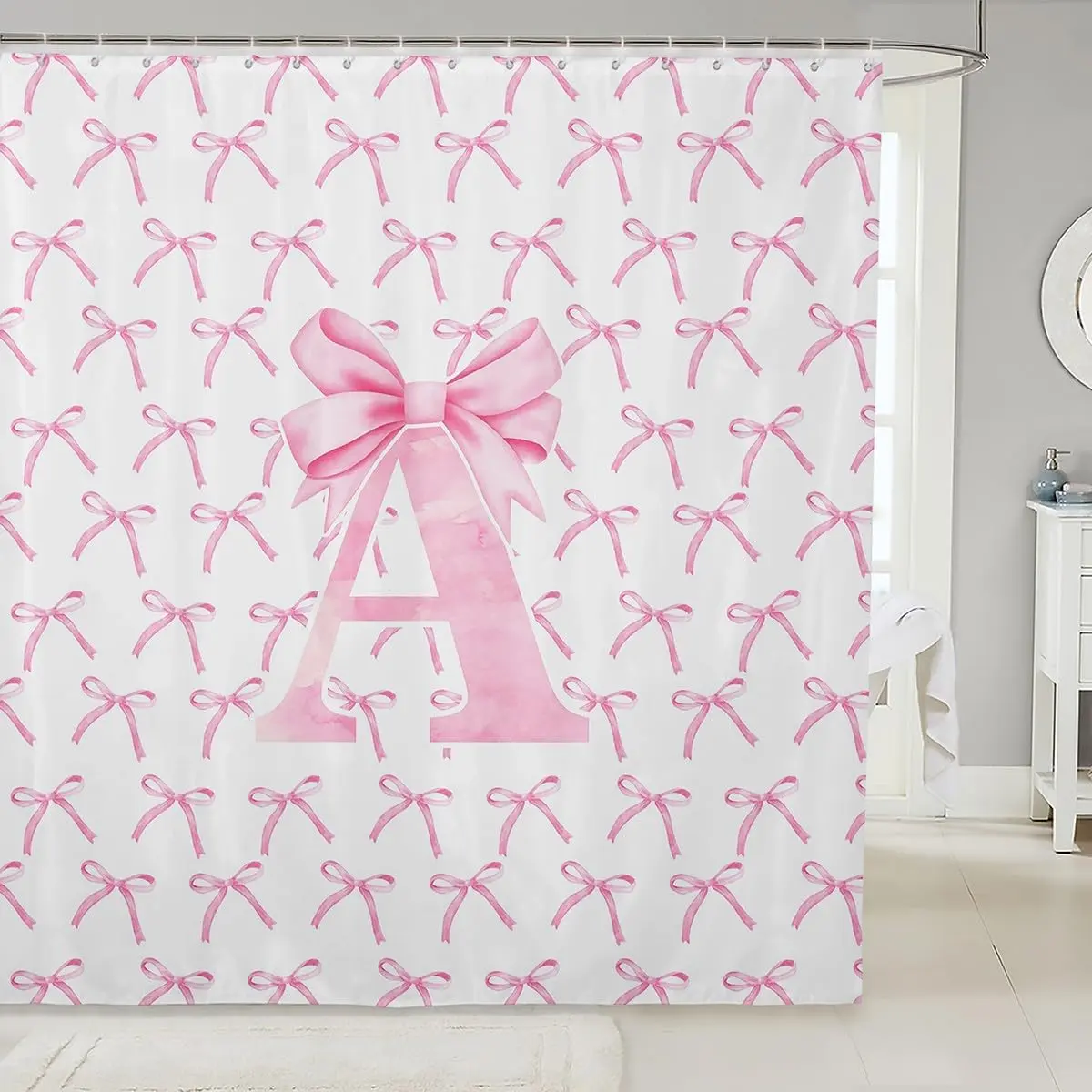 Cartoon Bowknot Shower Curtains,Pink Bow Tie Letter A Knot Princess Women Bathroom Curtains,Watercolor Bow Patchwork Pink White Waterproof Curtains