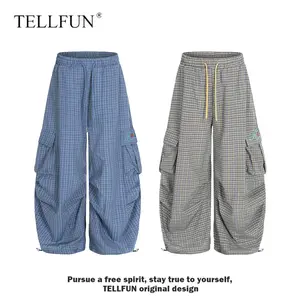 TELLFUN Women's Plaid Cargo Pants - Style-Focused, Mid-Waist, Loose Fit, Embroidered, Unisex Y2K Streetwear, Drawstring-Waisted Wide-Leg, All-Season Casual Parachute Bottoms (Blue)