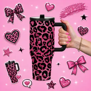 1 Pc 40oz insulated mug, pink glitter leopard print vacuum cup, double wall thermal mug with handle and lid, leak proof stainless steel tumbler for hot cold drinks, keeps hot 12h cold 24h, cute gift for women, girls, travel, office, and school