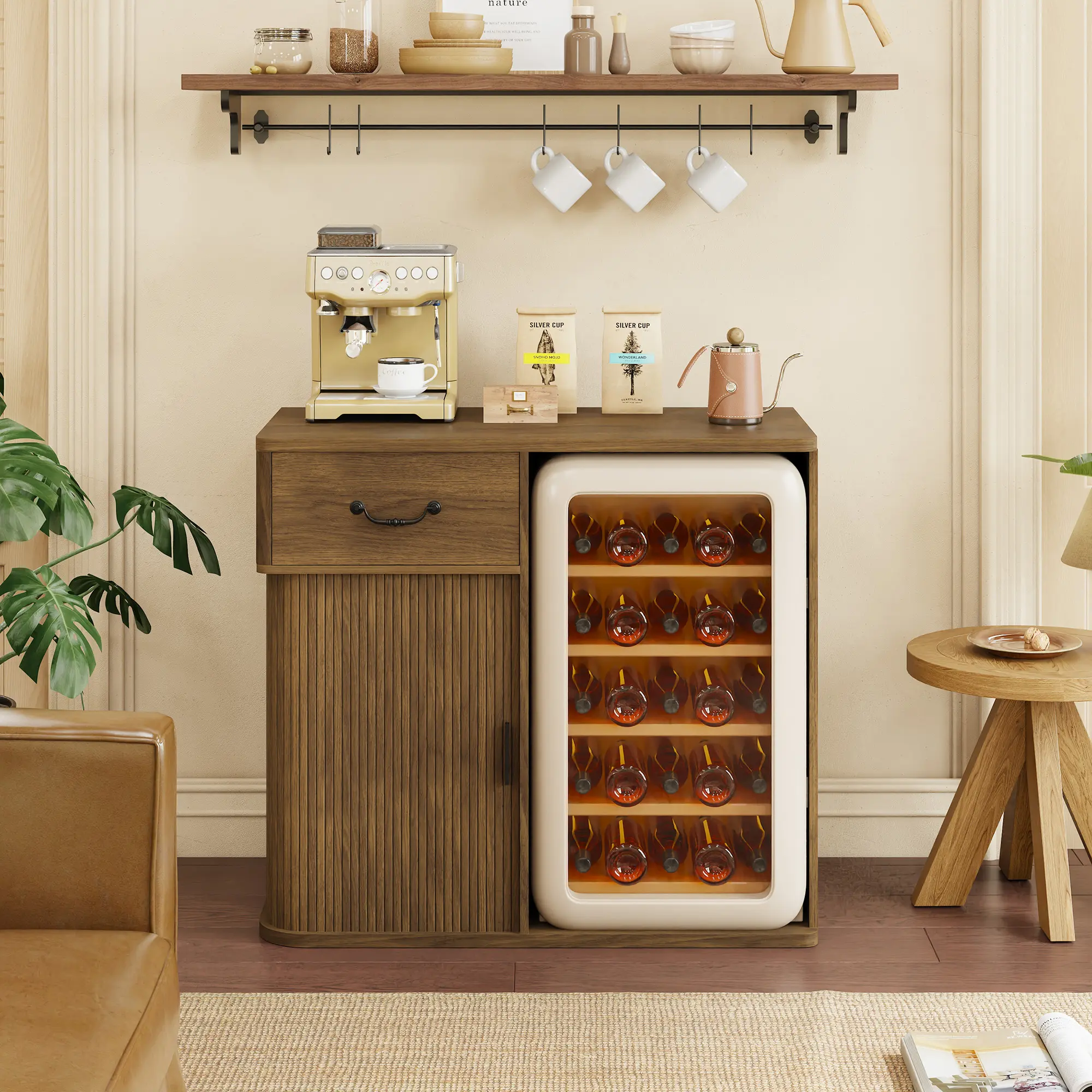 39.4 Inch Coffee Bar Cabinet with Mini Fridge Space, Beverage Refrigerator Stand with Wine Glass Rack, Sideboard Buffet Cabinet Wine Storage for Kitchen Dining Room