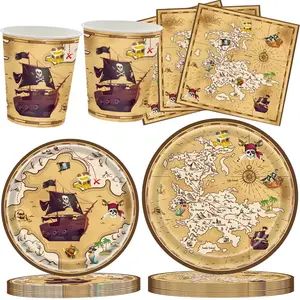 Pirate Party Supplies Set, 80-Piece Pirate Theme Dinnerware Set Includes Plates Napkins Cups Treasure Map Decorations, Adventure Party Essentials
