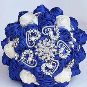 Satin Flower Bouquet with Crystal Details for Special Events and Quinceañeras Royal Blue and White Roses with Brooches