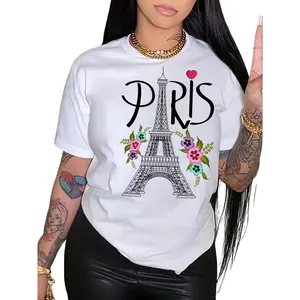 Summer Spring Women's Paris Eiffel Tower Printed T-Shirt Short Sleeved Crew Neck Casual Top Soft Comfy Classic Fit