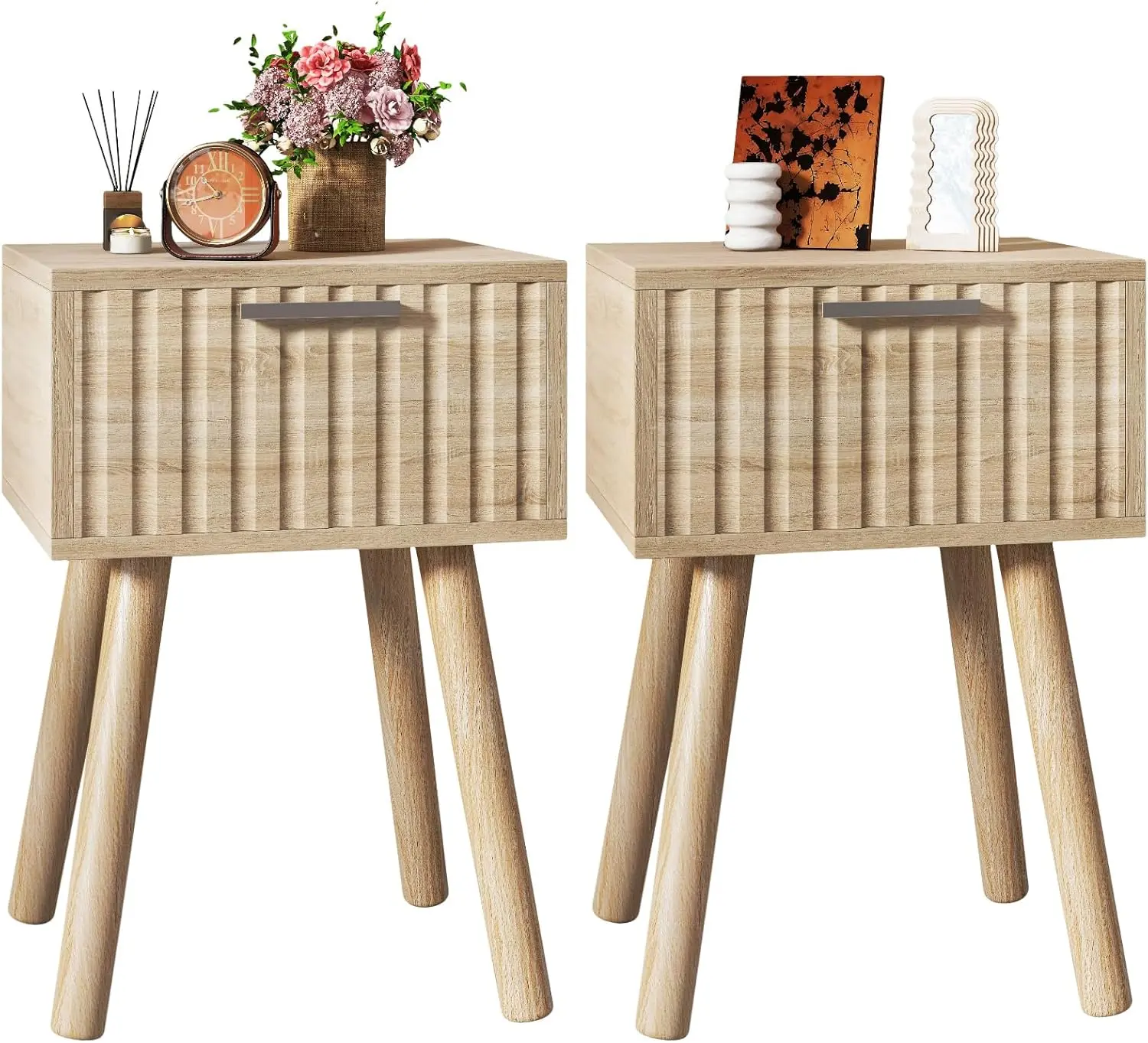 YMYNY Set of 2 Modern Narrow Fluted Nightstands with Fluted Panels, Magnetic Door, Drawer, Solid Pine Legs, Retaining Chain, Easy Install Small End Table for Bedroom Small Spaces, Natural UHST014R-2