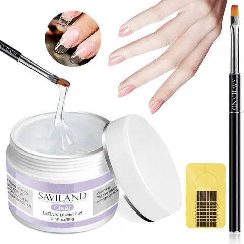SAVILAND Builder Nail Gel Kit - 60g Clear Gel with 100 Forms & Acrylic Brush for Durable Nail Art Designs Lightweight & UV Cured