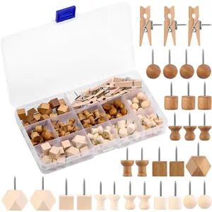 114 Pcs Wood Push Pins, 2 Colors 7 Types Decorative Thumb Tacks Wooden Head Map Marking Pins with Storage Box for Bulletin Boards Craft Projects
